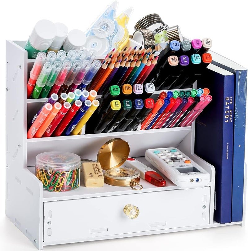 Frcctre White Desk Organizer, Desktop Stationery Organizer with 12 Compartments, Pencil Holder Multi-Functional Storage Organizer Caddy for Home Office Art Supplies - Image 1