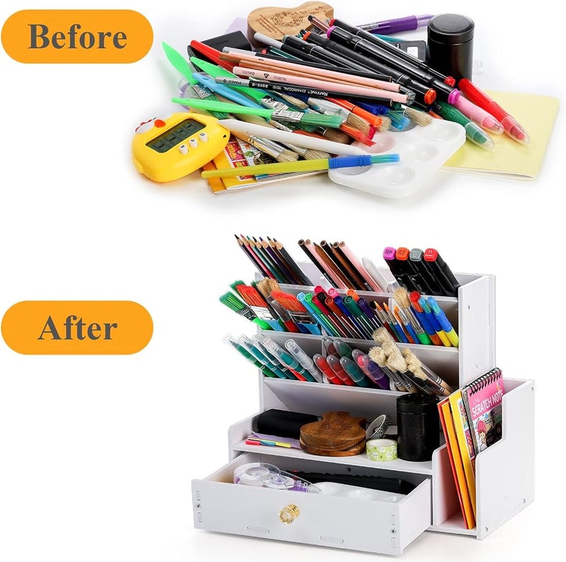 Frcctre White Desk Organizer, Desktop Stationery Organizer with 12 Compartments, Pencil Holder Multi-Functional Storage Organizer Caddy for Home Office Art Supplies - Image 5