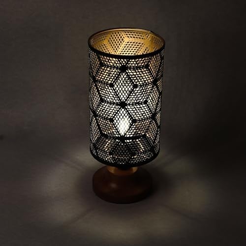 Lexton Moroccan Style Hand-Etched Iron Made Bedside Table lamp | Black Metal Round Frame, E27 Bulb Holder, Wooden Stand, Corded | Suitable for Home Decoration Office (Pack of 1, Bulb Not Included) - Image 5