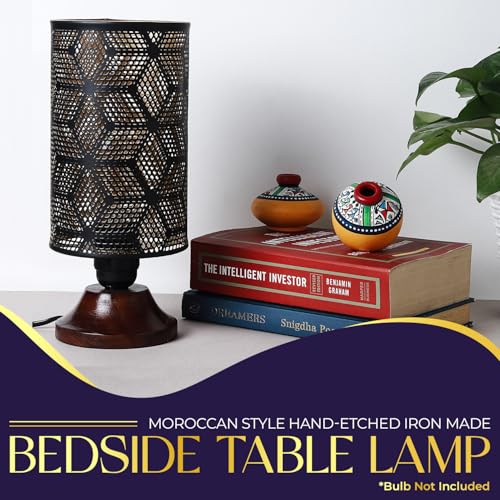 Lexton Moroccan Style Hand-Etched Iron Made Bedside Table lamp | Black Metal Round Frame, E27 Bulb Holder, Wooden Stand, Corded | Suitable for Home Decoration Office (Pack of 1, Bulb Not Included) - Image 2