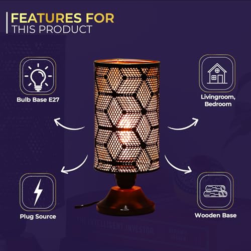 Lexton Moroccan Style Hand-Etched Iron Made Bedside Table lamp | Black Metal Round Frame, E27 Bulb Holder, Wooden Stand, Corded | Suitable for Home Decoration Office (Pack of 1, Bulb Not Included) - Image 3