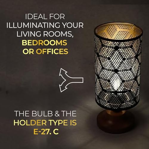 Lexton Moroccan Style Hand-Etched Iron Made Bedside Table lamp | Black Metal Round Frame, E27 Bulb Holder, Wooden Stand, Corded | Suitable for Home Decoration Office (Pack of 1, Bulb Not Included) - Image 4