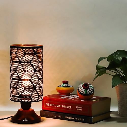 Lexton Moroccan Style Hand-Etched Iron Made Bedside Table lamp | Black Metal Round Frame, E27 Bulb Holder, Wooden Stand, Corded | Suitable for Home Decoration Office (Pack of 1, Bulb Not Included) - Image 1