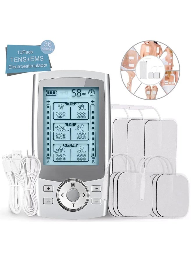 MHD Dual Channel TENS EMS Unit 36 Modes Muscle Stimulator for Pain Relief Therapy, Electronic Pulse Massager Muscle Massager with 10 Pads, Dust-Proof Drawstring Storage Bag  - Image 1
