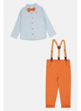 Toddlers Boy 4 Pieces Solid Pants, Shirt, Bow Tie And Detachable Suspender Belts, Blue