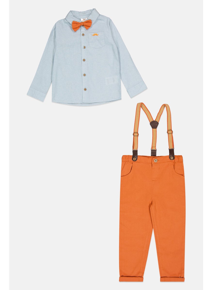 Little Gent - Toddlers Boy 4 Pieces Solid Pants, Shirt, Bow Tie And Detachable Suspender Belts, Blue - Image 1