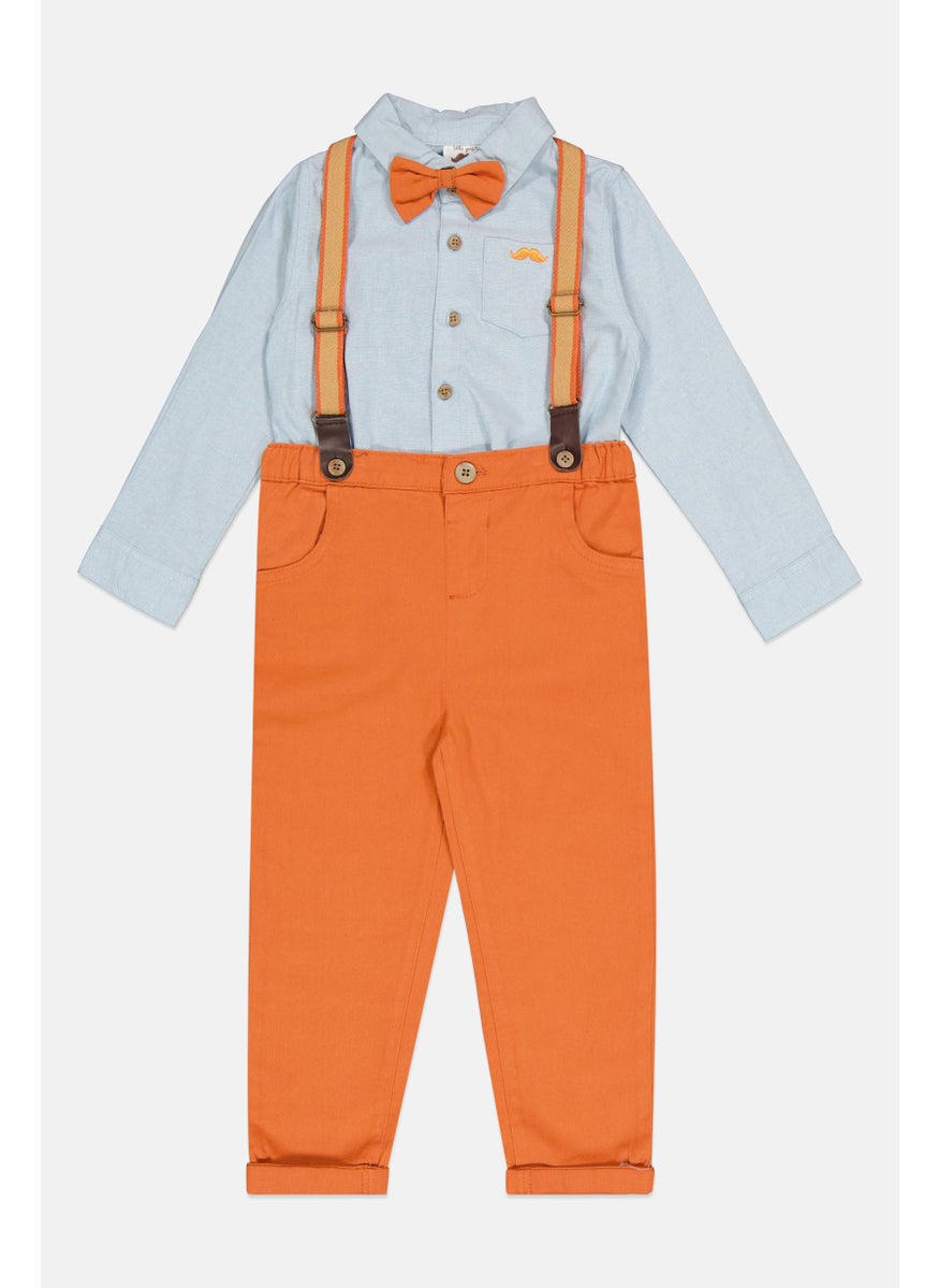 Little Gent - Toddlers Boy 4 Pieces Solid Pants, Shirt, Bow Tie And Detachable Suspender Belts, Blue - Image 1