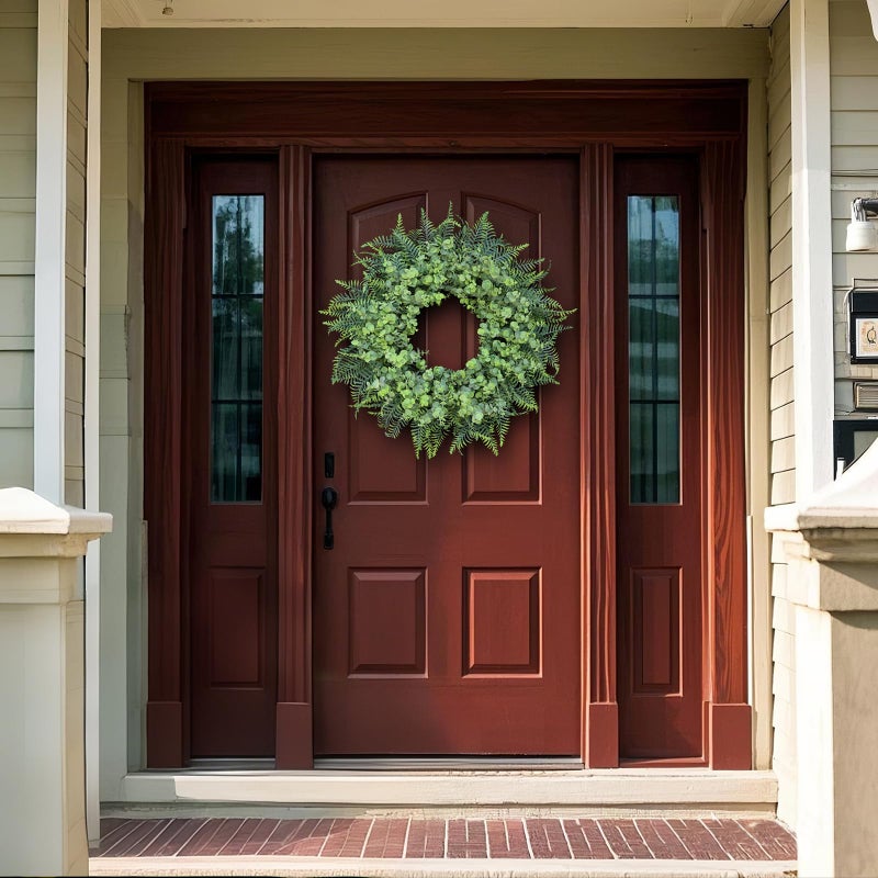 YXZZWL 26'' Eucalyptus and Boston Ferns Wreath for Front Door - Large Artificial Greenery Outdoor Wreath for Porch,Window,Farmhouse,Home,Hanging Decor- Spring, Summer, All Seasons (Gray-Green) - Image 3
