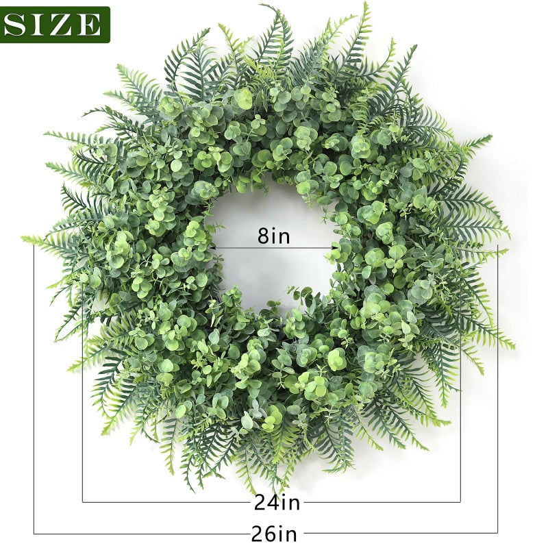 YXZZWL 26'' Eucalyptus and Boston Ferns Wreath for Front Door - Large Artificial Greenery Outdoor Wreath for Porch,Window,Farmhouse,Home,Hanging Decor- Spring, Summer, All Seasons (Gray-Green) - Image 5