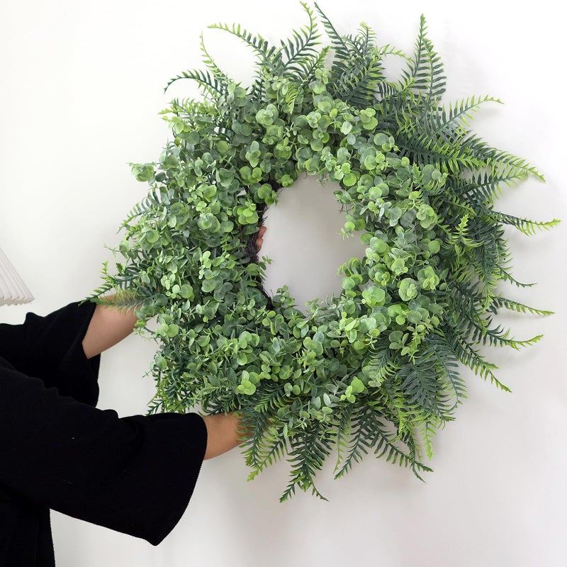 YXZZWL 26'' Eucalyptus and Boston Ferns Wreath for Front Door - Large Artificial Greenery Outdoor Wreath for Porch,Window,Farmhouse,Home,Hanging Decor- Spring, Summer, All Seasons (Gray-Green) - Image 4