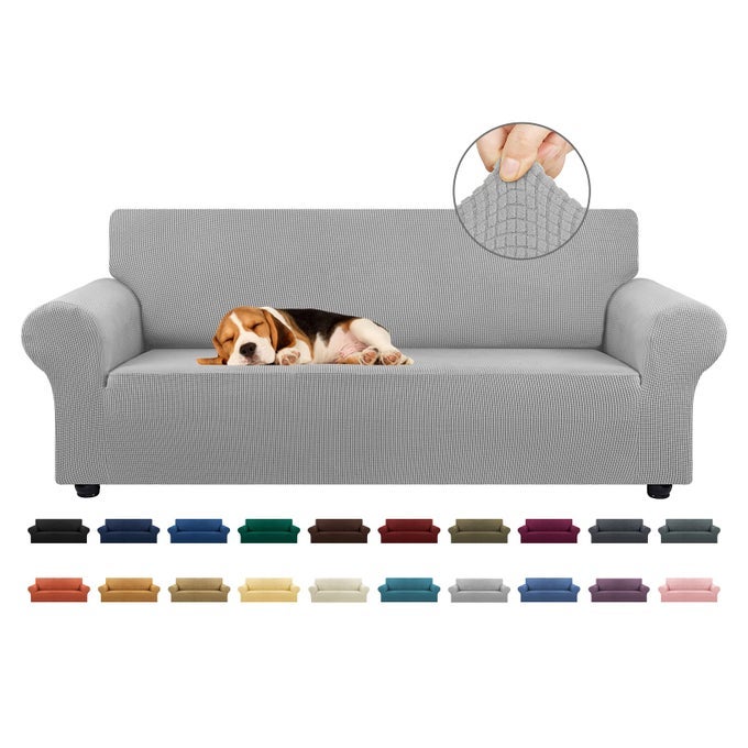 STRETCH SOFA COVER SLIPCOVER COUCH COVERS FOR 3 CUSHION COUCH SOFA PET FRIENDLY 7994 FURNITURE PROTECTOR SOFA WITH ELASTIC BOTTOM FOR KIDSDOG JACQUARD SMALL CHECKEDLARGESILVER