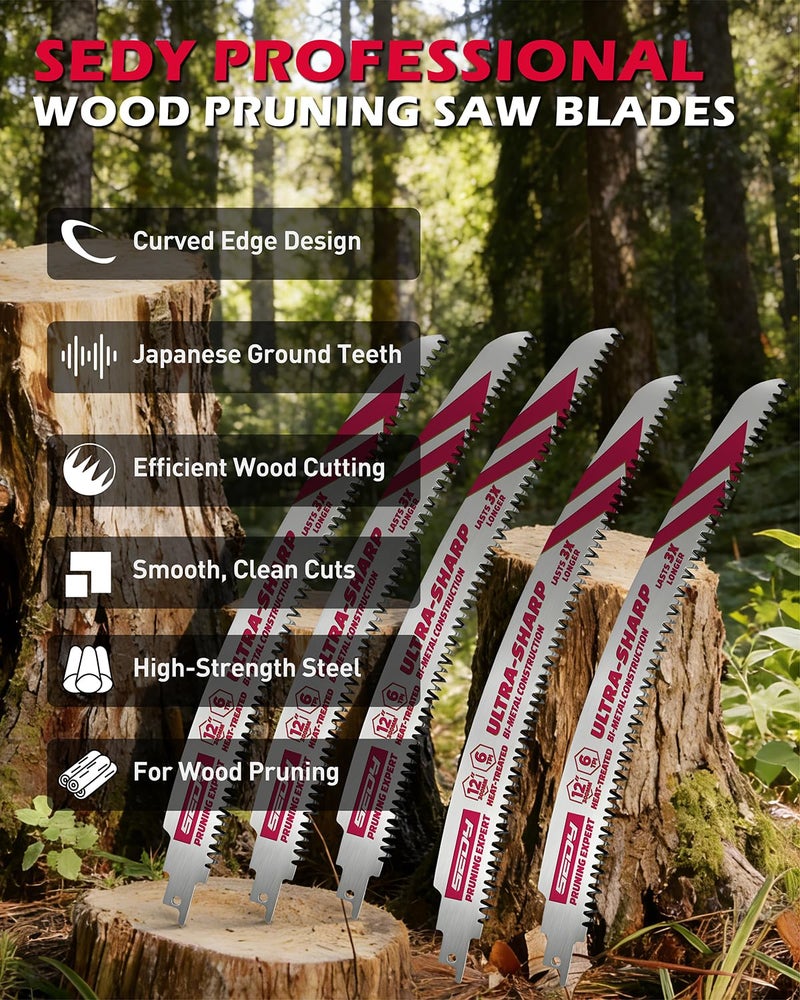 SEDY 12 Inch Japanese Teeth Reciprocating Saw Blades, 6TPI Arc Edge Wood Pruning Saw Blades Set with Storage Box for Tree Trimming, Wood Cutting, 5 Pack - Image 4