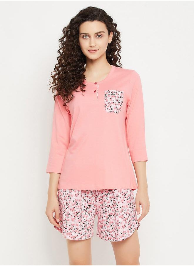 Clovia Pocket Print Cotton T-Shirt & Floral Shorts Set by Styli  - Image 3