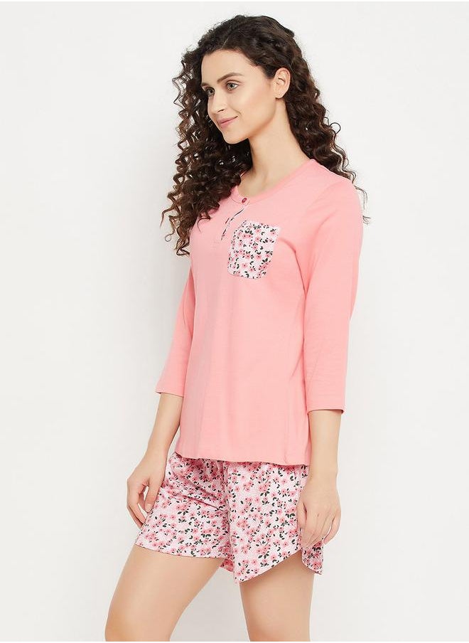 Clovia Pocket Print Cotton T-Shirt & Floral Shorts Set by Styli  - Image 4