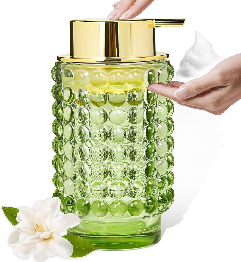 SOLARAE Glass Foaming Soap Dispenser, Refillable Foaming Pump Bottle with Gold Pump, Foam Hand Soap Dispenser for Bathroom Kitchen, Lotion Dispensers,Decor Soap Dispenser with Pump（Foam Type/Green） - Image 1