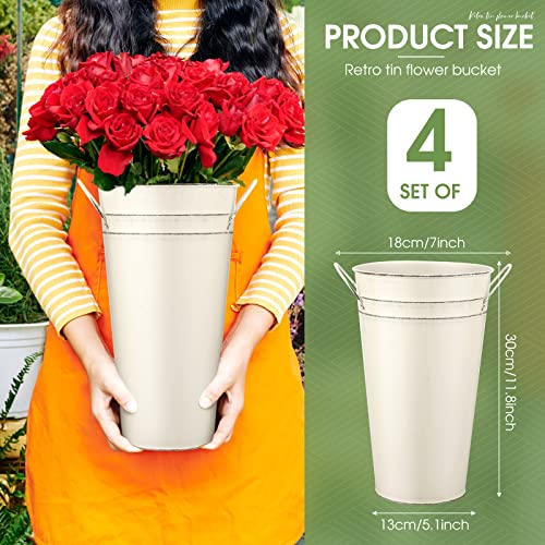 Irenare 12 Inch Vintage Galvanized Flower Bucket Metal Flower Vase Farmhouse French Bucket Planter Metal Floral Container for Party Table Centerpiece Weddings HomeWhite4 Pcs - Image 3