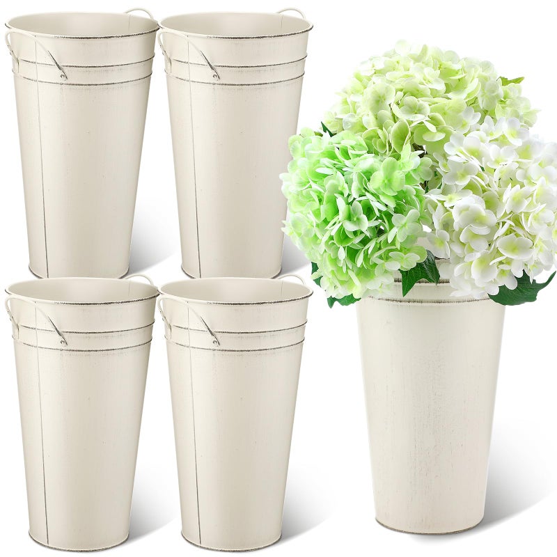 Irenare 12 Inch Vintage Galvanized Flower Bucket Metal Flower Vase Farmhouse French Bucket Planter Metal Floral Container for Party Table Centerpiece Weddings HomeWhite4 Pcs - Image 2