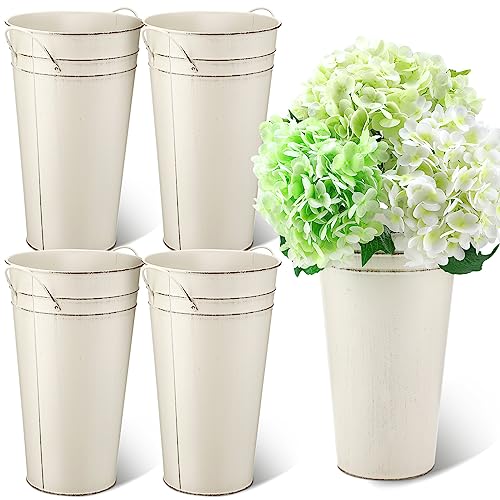 Irenare 12 Inch Vintage Galvanized Flower Bucket Metal Flower Vase Farmhouse French Bucket Planter Metal Floral Container for Party Table Centerpiece Weddings HomeWhite4 Pcs - Image 1