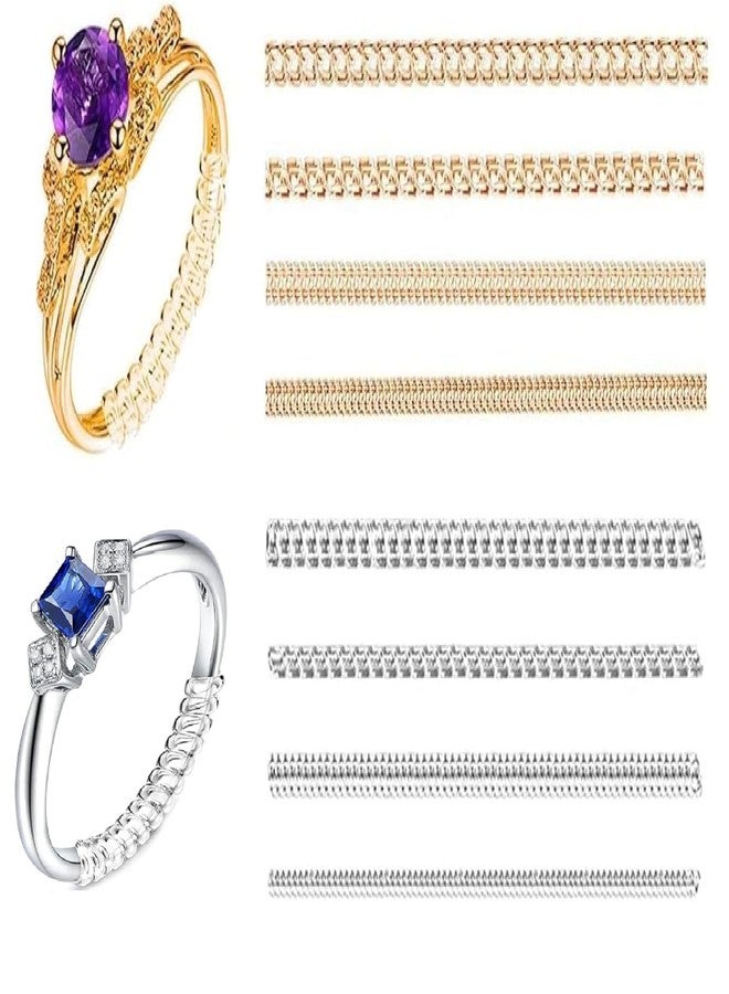 TENDULA أداة ضبط مقاس الخواتم غير المرئية من تيندولا للخواتم الفضفاضة، 4 مقاسات تناسب أي خاتم تقريبًا، مجموعة تضييق حلزونية من السيليكون مع واقيات تلميع للخواتم للنساء والرجال (ذهبي وفضي (8 قطع)) - Image 1