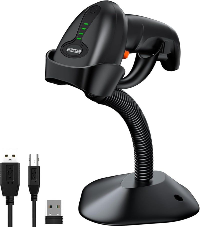 symcode 2D Wireless Barcode Scanner with Auto-Sensing Stand,Putting on Stand to Scan Automatically Sense Scanning Barcode Scanner with Battery Level Indicator and Multiple Scanner to One Receiver - Image 1