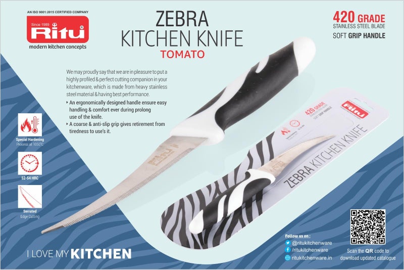 Ritu Stainless Steel Zebra Kitchen Knife | 8 Inch Plain Blade | Ergonomic Soft Grip Handle | Multipurpose Knife for Carving, Chopping & Peeling | Ideal for Home & Professional Use - Image 3
