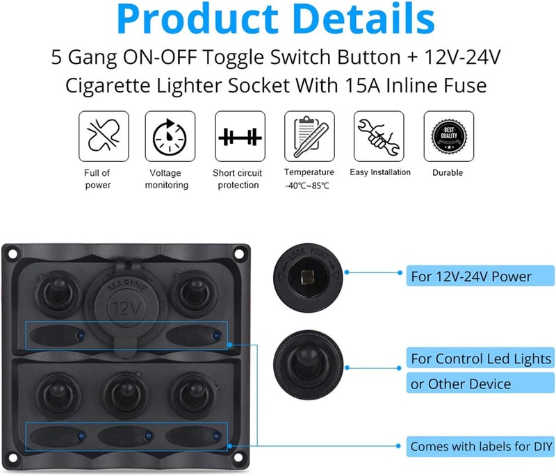 Wivplex Waterproof 5 Gang Rocker Switch Panel - Image 5