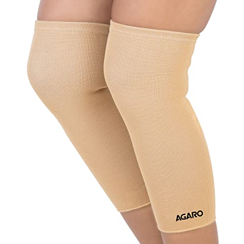 AGARO Stretchable Knee Support, Breathable Fabric, Uniform Compression, Relieves Muscle Pain, Joint Pain, Injury Recovery, For Workout, Running, For Men & Women, Knee Cap, Large, Biege Pack of 2 - Image 1