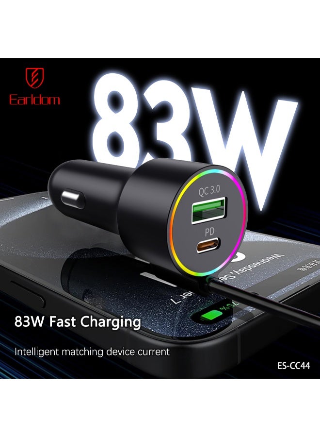 Earldom Portable Car Charger CC44 83W Fast Charging Dual-Port Car Adapter with 1.5M Spring Cable - Image 3