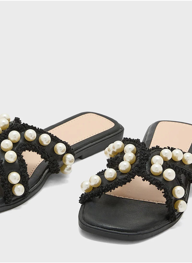 Truffle Frayed Edge Pearl Flat Sandal
