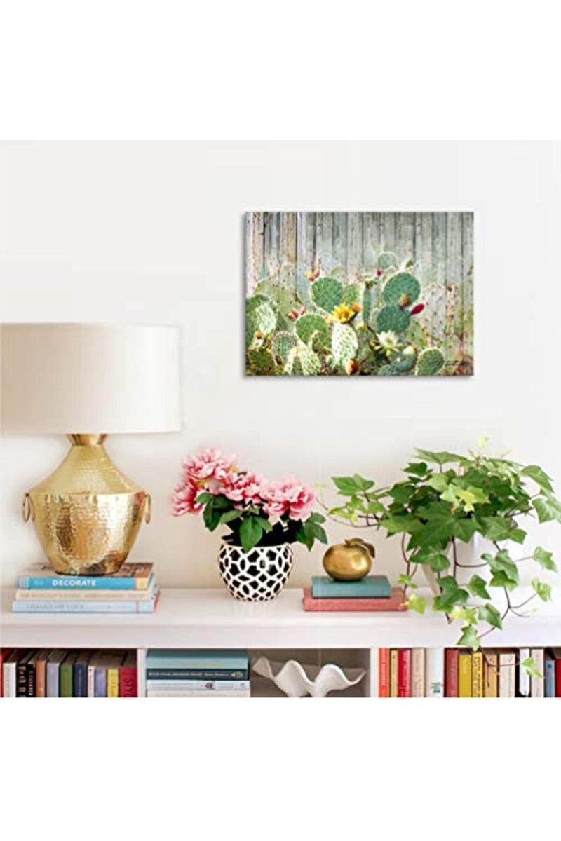 Woxfcart Bathroom Decor Wall Art Cactus Picture Canvas Prints Tropical Plant Cactus Flowers wood grain Vintage Poster for Home Teal Walls Decoration Size 16"x12" - Image 3
