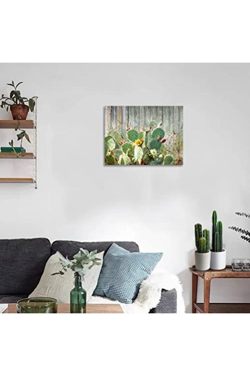 Woxfcart Bathroom Decor Wall Art Cactus Picture Canvas Prints Tropical Plant Cactus Flowers wood grain Vintage Poster for Home Teal Walls Decoration Size 16"x12" - Image 5