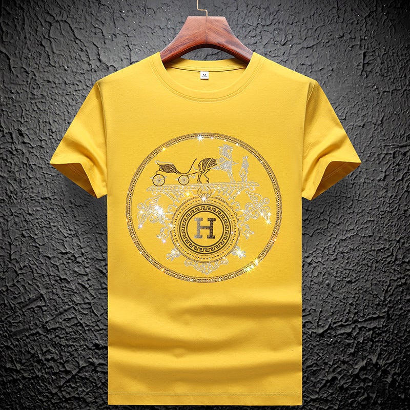 European Station double mercerized cotton rhinestone short sleeve men's net red plus size Tide brand Tiger head round neck mulberry silk T-shirt bottoming shirt - Image 1