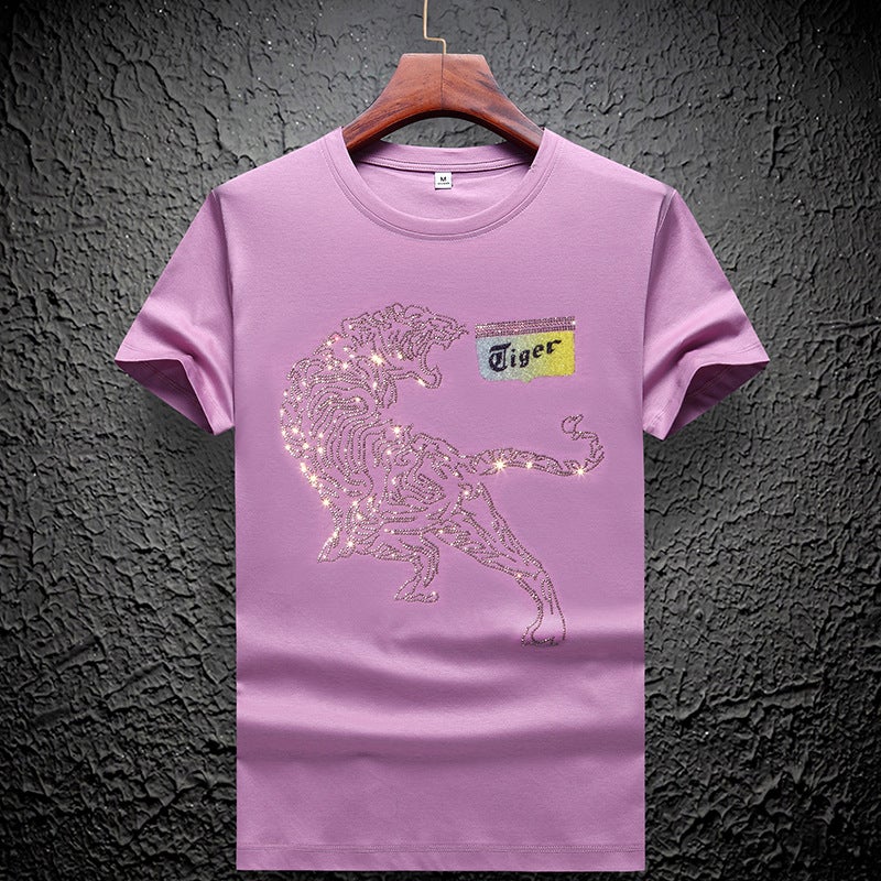 European Station double mercerized cotton rhinestone short sleeve men's net red plus size Tide brand Tiger head round neck mulberry silk T-shirt bottoming shirt - Image 4