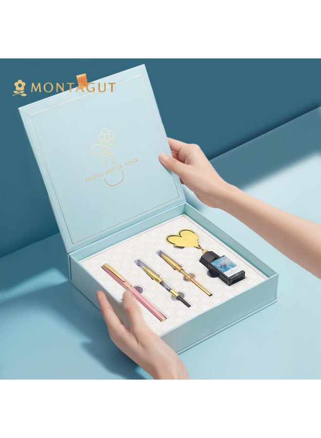 مونتاجوت Montagut Fountain Pen، قلم حبر جاف، قلم فني، قلم توقيع نسائي برأس مدبب، قلم كتابة راقٍ لممارسة الطلاب، هدية عيد ميلاد للصديقة، صندوق هدايا، سلسلة Impression M710، Princess Pink - Image 1