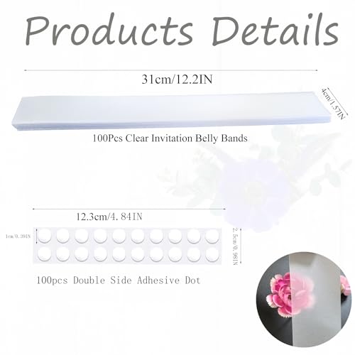 LAIFOOSHEN 100Pcs Clear Invitation Belly Bands for 5x7 Invitations with 100 Adhesive Dot.Vellum Belly Bands for Cards Party Envelopes Soap Packaging,Decorative Wraps Paper Strips Wedding Invitations Accessories - Image 2