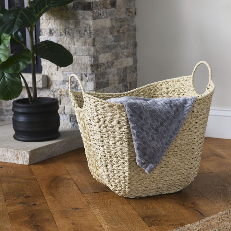 Household Essentials Cream Paper Rope Basket with Handles, Natural Woven Storage Basket - Image 2