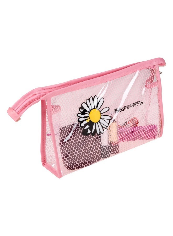 Kuber Industries Toiletry Pouch | Cosmetic Makeup Pouch | Vanity Pouch for Woman | Makeup Accessories Pouch | Transparent Net Pouch | Sunflower-Cosmetic Pouch | Pink - Image 1