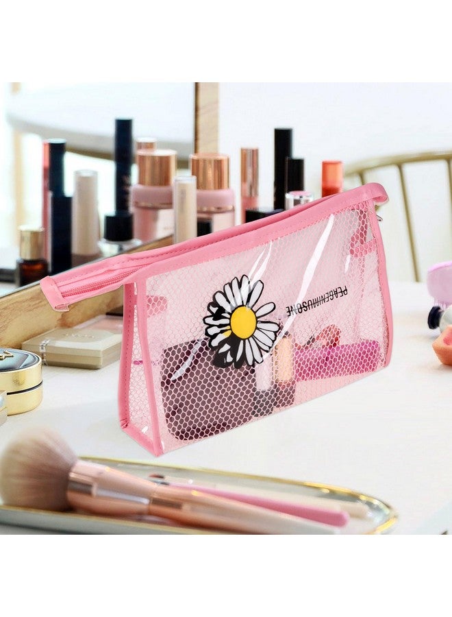 Kuber Industries Toiletry Pouch | Cosmetic Makeup Pouch | Vanity Pouch for Woman | Makeup Accessories Pouch | Transparent Net Pouch | Sunflower-Cosmetic Pouch | Pink - Image 2