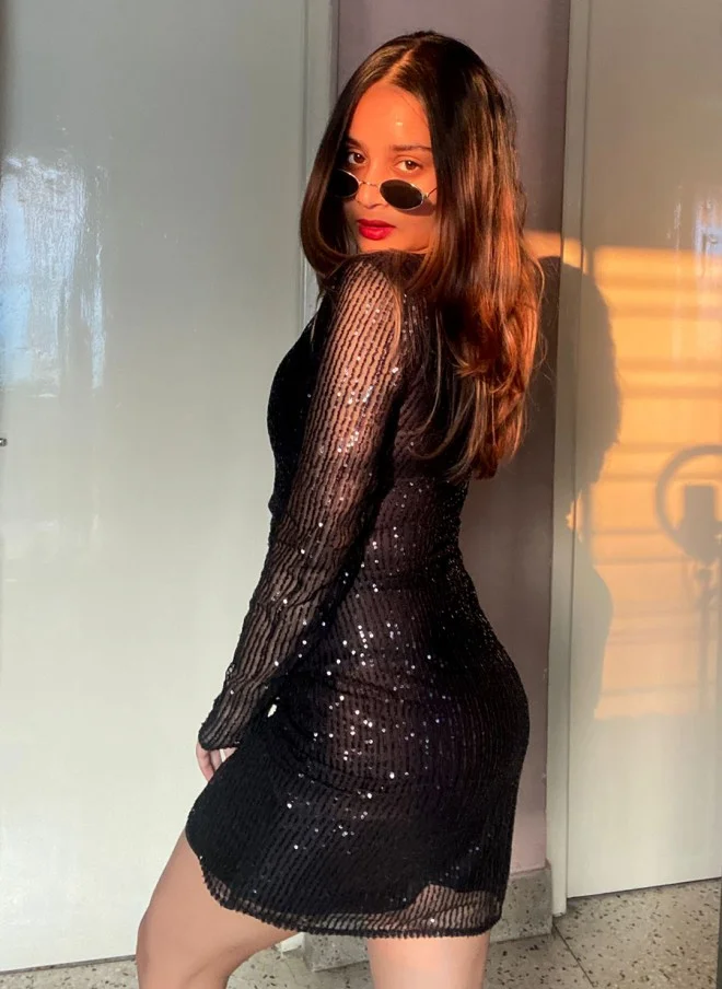 SASSAFRAS Black Sequined Sheath Dress for Women