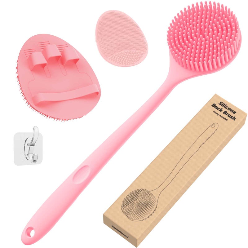 Manmihealth Silicone Back Scrubber (Thick Bristles) & Bath Glove & Face Brush Set(3PCS), Super-Exfoliating & Lathering Body Scrubber, Shower Brush, Face Scrubber Combination, with a Free Hook.(Pink) - Image 1