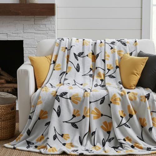 DaDa Bedding Floral Fleece Throw Blanket - Soft Faux Mink Flannel with Yellow Orange Tulips on Grey - Cozy & Elegant Home Decor - 63" x 90" - Image 1