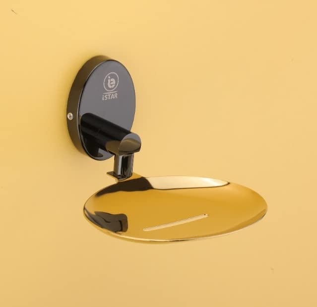 iSTAR Stainless Steel Wall Mounted Soap Dish Holder | Bathroom Soap Stand with Round Design | Rustproof Case for Washroom, Home, Office, Wash Basin, Kitchen Sink (Golden and Black Finish-Pack of 1) - Image 2