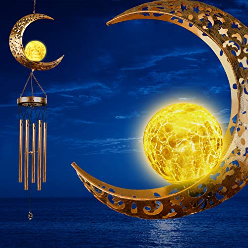 DesGully Solar Wind Chimes, Sun Wind Chime Outdoor Clearance w/Glowing Crackle Glass LED Unique Wind Bells for Outside Waterproof Chimes, Gifts for Her/Him (42" Long Metal Chimes)… - Image 1