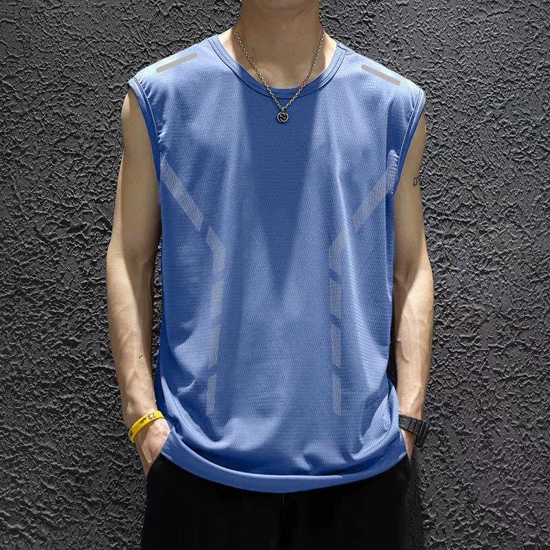 [fast delivery] vest mens quick-drying sleeveless T-shirt ice silk sports top loose running short sleeve training fitness Pure blue [side pole butterfly mesh vest] 