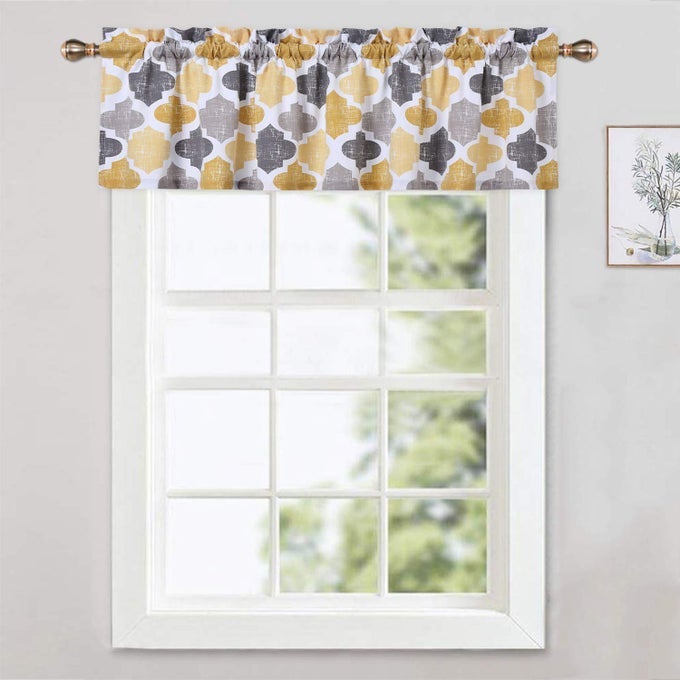 VALANCES FOR WINDOWS GEOMETRIC QUATREFOIL TRELLIS PRINTED COTTON BLEND SHORT VALANCE CURTAINS FOR KITCHEN CAFE BATHROOM WINDOW CURTAINS YELLOWGREY