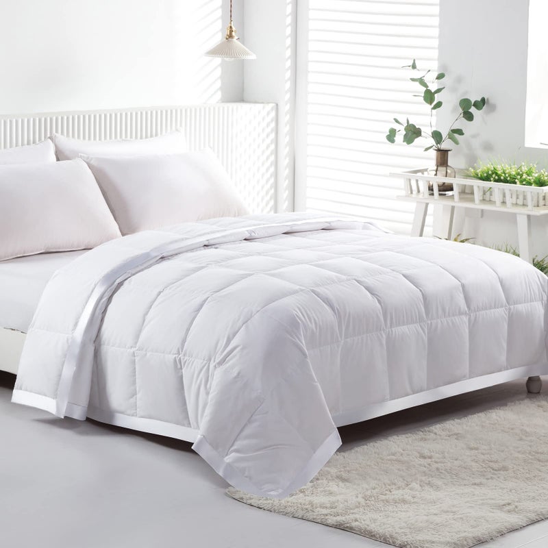 APSMILE Lightweight Down Feather Fibers Blanket Summer Cooling Down Feather Fibers Comforter King Size UltraSoft Breathable Thin Bed Quilt Duvet with Satin TrimKing Cream White