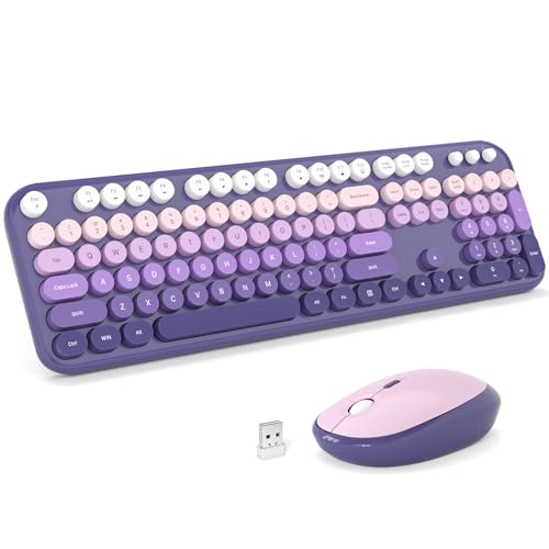 KNOWSQT Wireless Keyboard Mouse Combo - Lovely Purple-Gradient Rainbow Full-Sized Typewriter Colorful Keyboards, Round Keycap Plug Play Retro Cute Keyboards for Windows, Laptop, PC, Desktop, Computer - Image 1