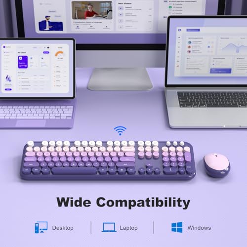 KNOWSQT Wireless Keyboard Mouse Combo - Lovely Purple-Gradient Rainbow Full-Sized Typewriter Colorful Keyboards, Round Keycap Plug Play Retro Cute Keyboards for Windows, Laptop, PC, Desktop, Computer - Image 4