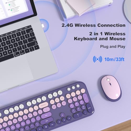 KNOWSQT Wireless Keyboard Mouse Combo - Lovely Purple-Gradient Rainbow Full-Sized Typewriter Colorful Keyboards, Round Keycap Plug Play Retro Cute Keyboards for Windows, Laptop, PC, Desktop, Computer - Image 5