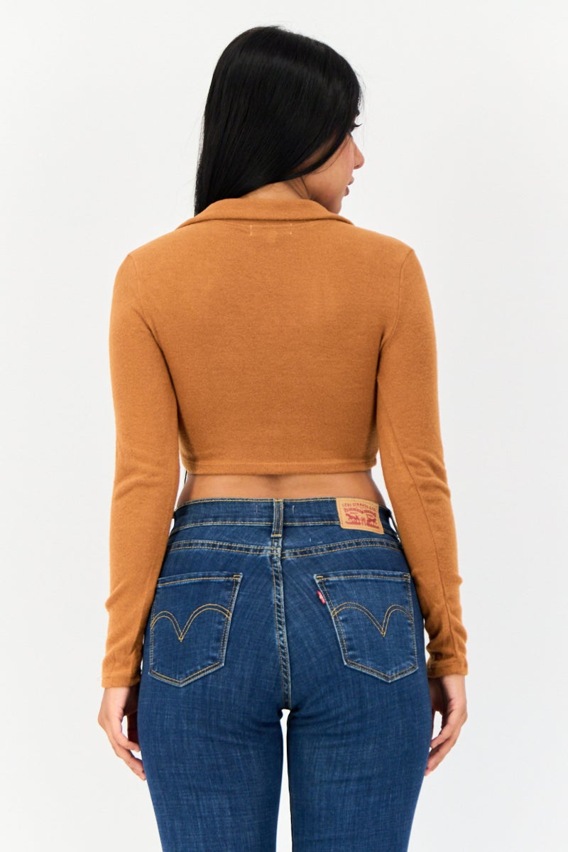 POOF Women Tie Neck Long Sleeve Textured Crop Top, Brown - Image 4